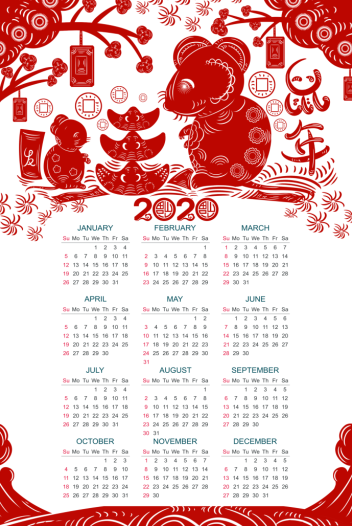 2020年鼠年全年日历模板psd素材