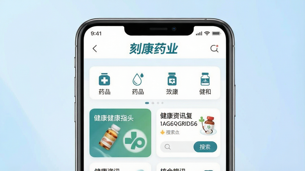һ��չʾ�̿�ҩҵApp���Ľ�����ֻ�����ͼ������������һ���ִ������ֻ�����Ļ����ʾ�������ҽҩ������Ӧ����ҳ�������С��̿�ҩҵ��Ʒ��Logo��ҳ�沼�ְ���ҩƷ����ͼ�ꡢ������Ѷ��Ƭ��������������Ϊ��͵�ǳ��ɫ���䣬�����רҵ�������������ɾ��޶���Ԫ�أ��ʺ���Ϊ��������վ��Ԥ��ͼ��