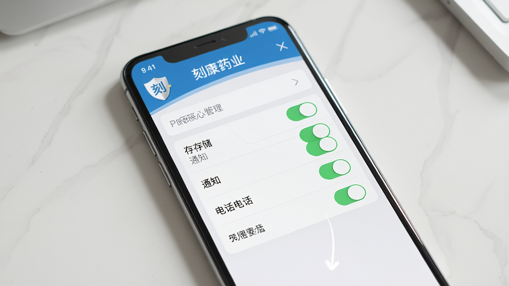 һ��չʾ�ֻ���ȫ���ý����AI��ͼ���������ֻ���Ļ��ʾ�š��̿�ҩҵ��App��Ȩ�޹���ҳ�棬�����洢��֪ͨ���绰��Ȩ�޿��ء�����Ϊ����ǳɫ���棬���дʵ������������ǿ������ָ����ֱ���ԣ��޶���Ԫ�ء�