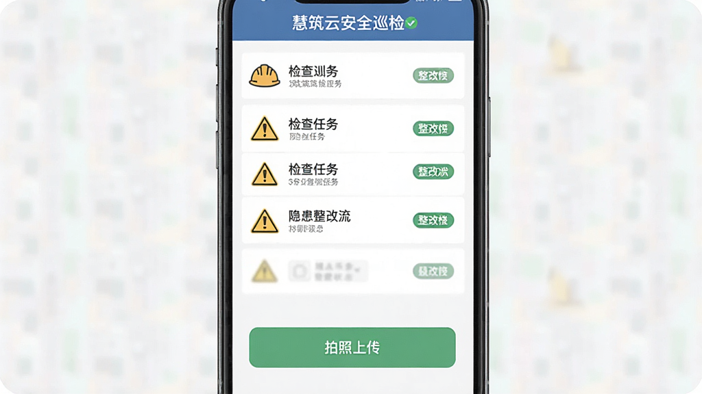 һ��չʾ�����ư�ȫѲ�칦�ܵĽ����ͼ���ͼƬ����������Ϊ�ֻ���Ļ��ʾѲ�������б��������������̣����ֲ������½ṹ���Ϸ�Ϊ������б����·�Ϊ�����ϴ���ť�����Ϊ��ƽ����Ʒ磬ϸ�ڰ�����ȫñͼ�ꡢ��ʾ��־������״̬��ǩ�������������ɾ����޶���Ԫ��