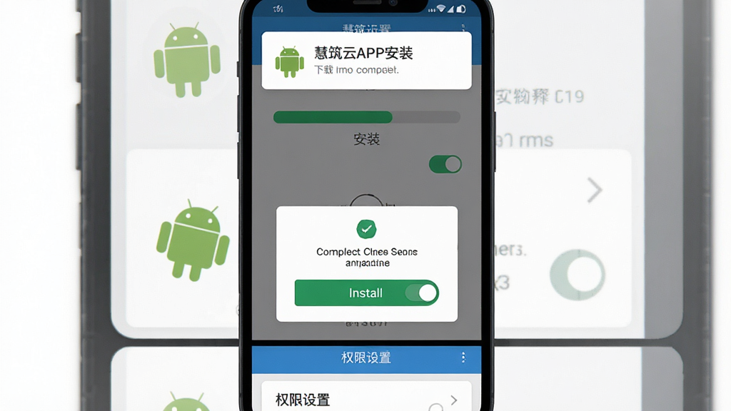 һ��չʾ������APP��װ�����ʾ��ͼ����������Ϊ�ֻ���Ļ��ʾ��װ��������Ȩ��ȷ�ϵ��������ֲ����������У��Ϸ�Ϊ�������֪ͨ���м�Ϊ��װ���棬�·�ΪȨ������ҳ�棬���Ϊ��ƽ��UI���ϸ�ڰ�����׿������ͼ�ꡢ��װ��ť��Ȩ�޿��أ������������ɾ����޶���Ԫ��