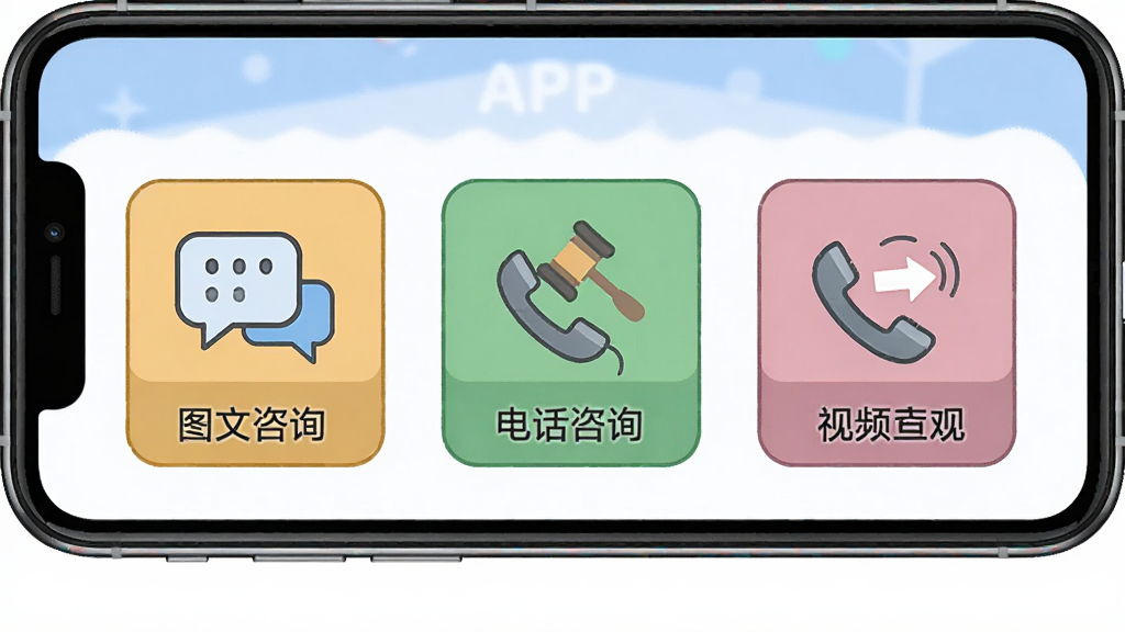 һ��չʾ������ʦAPP��ѯ��ʽѡ������ͼƬ����������Ϊ�ֻ���Ļ����Ļ����ʾͼ����ѯ���绰��ѯ����Ƶ��ѯ����ͼ�갴ť������Ϊ�������У����Ϊ��ͨ��ƽ����ϸ�ڰ����Ի����ݺ͵绰��Ͳͼ�꣬���ʸ��壬�ɾ����޶���Ԫ��