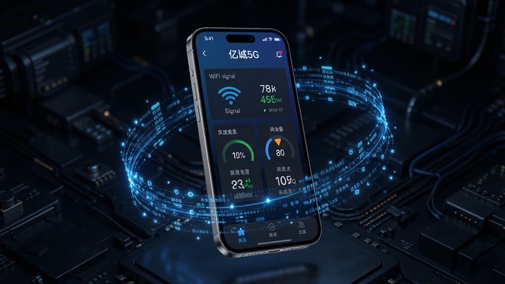 ����������һ�������������ֻ���Ļ����Ļ����ʾ���ڳ�5G��App���Ǳ��̽��棬��ͼ������������չʾ��WiFi�źš����������ٵ�״̬����Ļ��Χ�����ŷ������ɫ������������������ʵʱ���ݴ��䡣����Ϊ��ɫ����Ƽ��з��ϸ�ڷḻ������ϸ�壬�޶���Ԫ�ء�