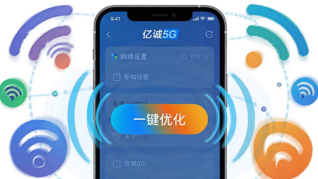 ����������һ���ֻ�����Ļ����ʾ���ڳ�5G��App���������ý��棬��һ����Ŀ�ġ�һ���Ż�����ť����ť��Χ�������ź���ǿ�Ĳ��ƶ���Ч���������ǳ�������������ź�ͼ�꣬���Ϊ�Ƽ���ʸ��ͼ��ɫ������������ɾ����޶���Ԫ�ء�