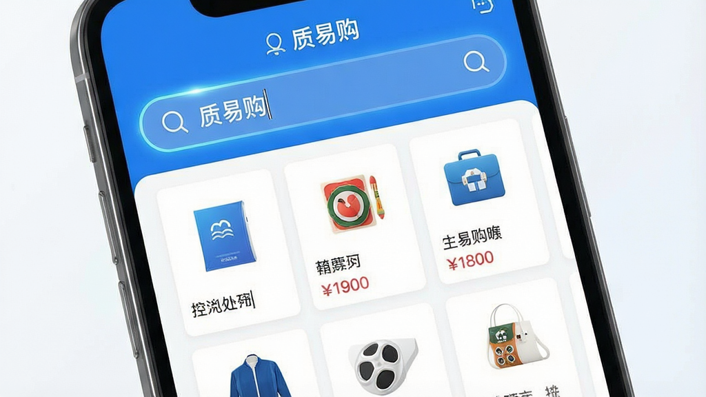 һ��չʾ���׹�APP�����������ܵĽ����ͼ������������һ���ֻ�����Ļ����ʾ�����׹����������������˹ؼ��ʣ��·������������Ʒ��Ƭ�б���ÿ�ſ�Ƭ������ƷͼƬ�����ƺͼ۸񣬲��ֲ������½ṹ�����Ϊ��ˬ�ĿƼ�������ɫ��ϸ������������΢�⶯Ч�������������ɾ����޶���Ԫ�ء�