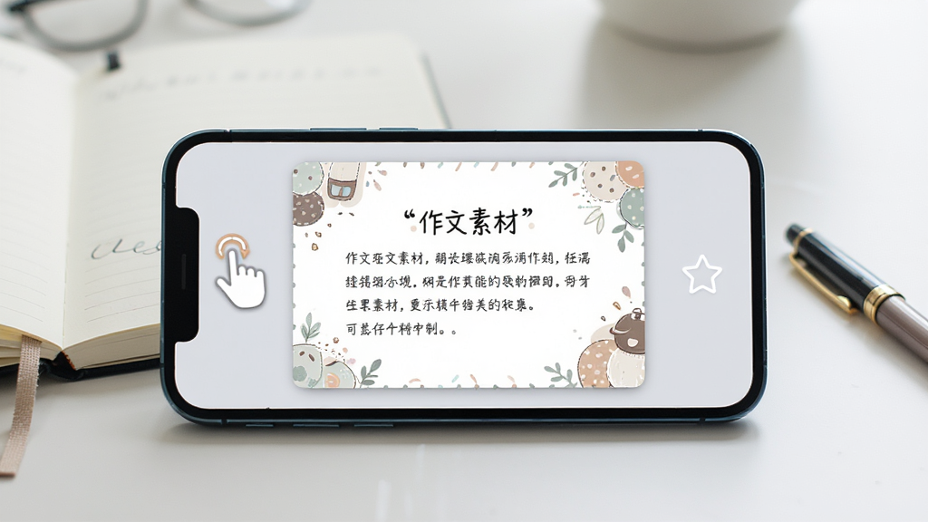һ��չʾ���Ŀ�Ƭ������������ͼƬ��������һ���ֻ����ã���Ļ����ʾһ�������زĿ�Ƭ����Ƭ�������ֺ�װ��ͼ������Ļ����л���������ʾ���Ҳ����ղ�ͼ�꣬��������͵������������бʼǱ��ͱʣ��������������գ������������ɾ��޶���Ԫ��