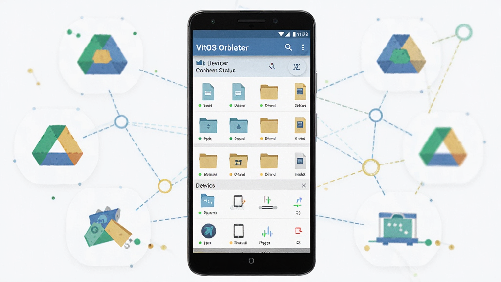 һ��չʾ VitOS Orbiter ��������ĸ���ͼ������Ϊһ����׿�ֻ���Ļ����Ļ����ʾ�ļ����������豸����״̬������Ϊ�ֻ����С���Χ�����ƴ洢ͼ��������ڵ㣬�Ű����ִ������Ϊ��ƽ���Ƽ��磬ϸ�ڰ���������ͼ�ꡢ״ָ̬ʾ�ƺ��ļ��б������ʸ��塢�ɾ����޶���Ԫ��