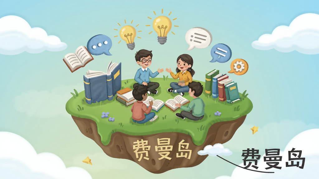 一张以“费曼岛”为主题的数字插画,画面中央是一座漂浮在空中的知识岛屿,岛屿上有书本、灯泡、对话气泡等元素,几位学习者正围坐在一起互相讲解知识,背景是柔和的蓝天与白云,整体风格清新明快,画质干净清晰,无多余杂乱元素,图片中带有“费曼岛”文字标识