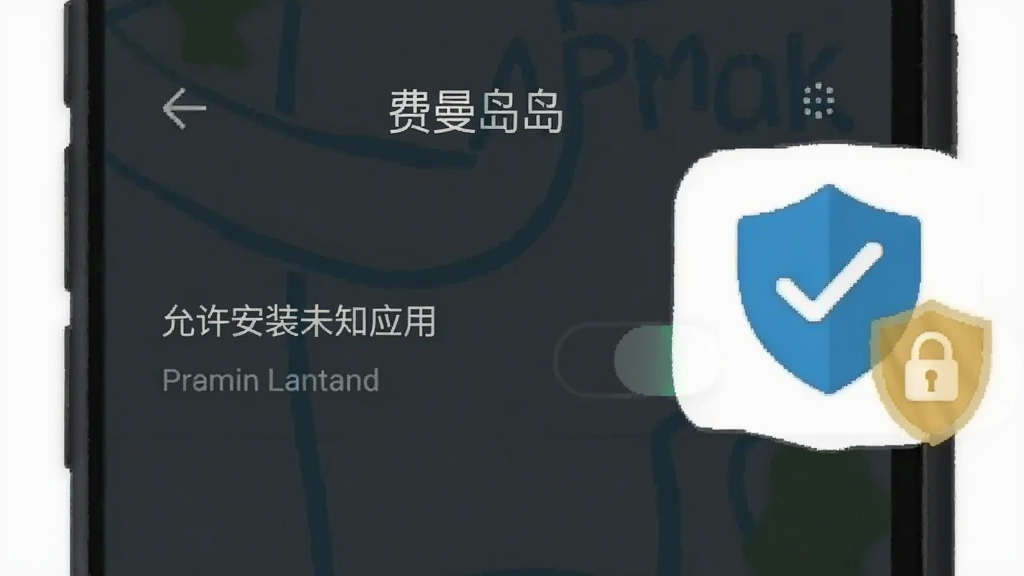 一张展示手机安装APK文件时权限设置界面的示意图,画面中手机屏幕显示“允许安装未知应用”开关,旁边有费曼岛图标和盾牌安全标识,风格简洁明了,画质清晰,无多余元素,图片中带有“费曼岛”文字
