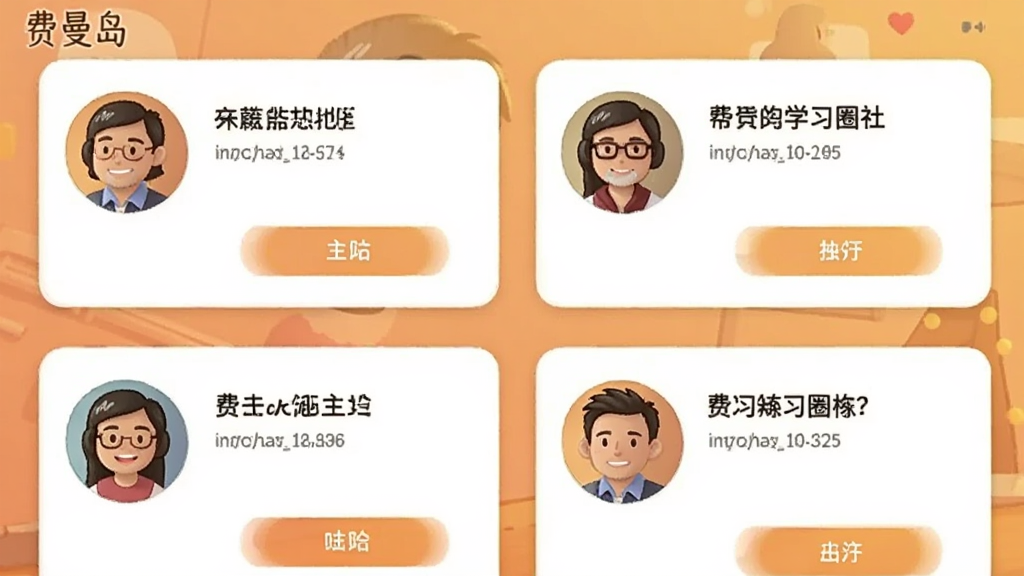 一张展示费曼岛学习圈社区界面的场景图,画面中有多位用户的头像和讲解卡片,卡片上带有知识点标题与互动按钮,背景色调温暖,风格社交化且整洁,画质清晰,无杂乱元素,图片中带有“费曼岛”文字