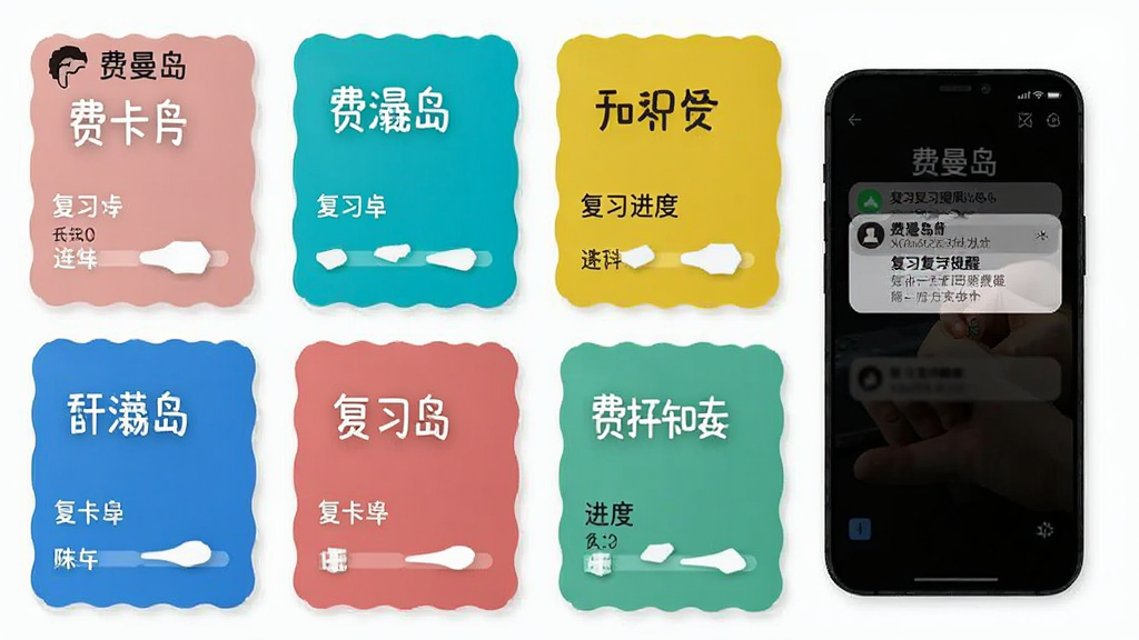 一张展示费曼岛知识卡片功能的图片,画面中排列着多张彩色卡片,每张卡片上写有知识点名称和复习进度条,手机屏幕显示复习提醒通知,整体风格清爽有条理,画质干净,无多余元素,图片中带有“费曼岛”文字