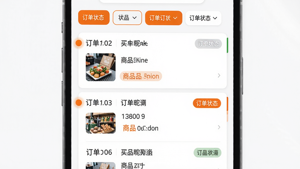 ���������ǹ������̼�Ӧ�õĶ�������ҳ�棬��Ļ����ʾ���������Ŀ��ÿ������������š�����ǳơ���Ʒ����ͼ�붩��״̬��ǩ�����ֲ��������б���ʽ�������ж���״̬ɸѡ��ǩ�����Ű���������Ϣ�㼶���������Ϊ�������磬��ɫ�԰�ɫ�����ͳ�ɫ����Ϊ����ϸ���ϴ���������������Ŀ��ʾԲ�㡣���ʸ��壬����ɾ����޶���Ԫ�ء�