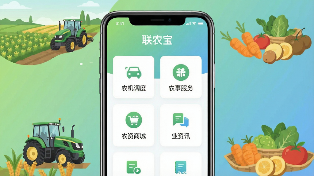 һ��չʾ��ũ����������ȫò�������ֻ�����ϳ�ͼ��������������ũ��APP��ҳ���Ϸ��С���ũ�����������ƣ���ҳչʾũ�����ȡ�ũ�·���ũ���̳ǡ�ũҵ��Ѷ����Ҫ�������ͼ�꣬��Χ����ũ�ũ����ũ��Ʒ��ũҵԪ�أ�����Ϊ�����Ű棬���Ϊ�ִ���ƽ���Ƽ�ũҵ�磬ϸ�ڰ���������ͼ�ꡢ��͵���ɫ����ɫ���䱳�����ɾ��Ľ������ף����ʸ��壬�ɾ����޶���Ԫ��