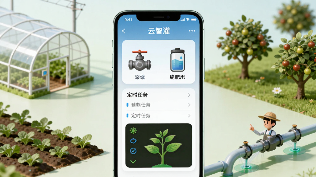 ��������չʾһ�������ֻ�����Ļ��ʾ�����ǹࡱӦ�ý��棬�������й�ȷ��ſ���ͼ�ꡢʩ�ʹ�Һλ��ʾ����ʱ�����б�����ɫֲ������״̬ʾ��ͼ���ֻ���Χ������ũ����Ҵ����԰�͹�ȹܵ���Ԫ�أ��������дʵ���ƽ����ϵĿƼ�ũҵ���ɫ������ɫ����ɫ�Ͱ�ɫΪ���������ɾ����࣬����������ͣ����ʸ��壬�޶�������Ԫ��