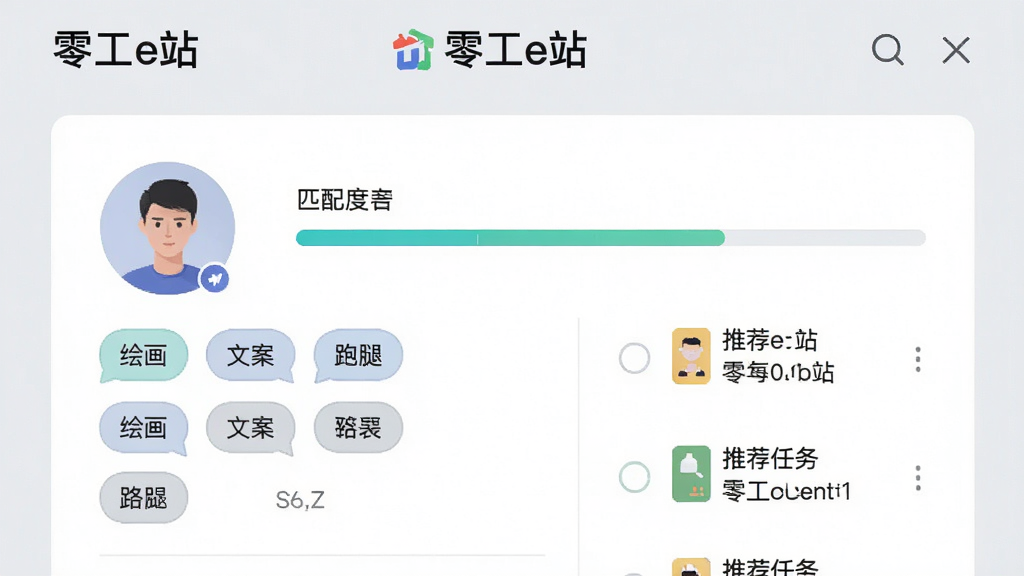 һ��AI��ͼ������չʾһ���û���������ҳ�棬ҳ������ͷ�񡢼��ܱ�ǩ�����硰�滭�����İ��������ȡ��ȣ��Ա���ƥ��Ƚ��������Ƽ������б�������Ϊǳ��ɫ�����Ϊ���Ƽ��У�ϸ�����������ʸɾ����޶���Ԫ�أ�ҳ�涥���С��㹤eվ�����֡�