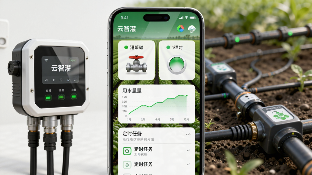 画面主体为一台智能手机竖屏展示农业灌溉管理界面,界面中包含绿色田地背景、阀门开关状态卡片、用水量折线图和定时任务列表,手机左侧放置一个智能灌溉控制器设备,右侧是一排滴灌管道延伸至农田。整体布局采用中心构图,手机居中偏左,设备与管道在右侧形成层次。风格为写实科技农业风,色调以绿色、白色、深灰色为主,细节包含屏幕反光、设备指示灯、土壤湿度传感器。画面干净整洁,无多余元素,高清画质,分辨率4K,文字内容为“云智灌”