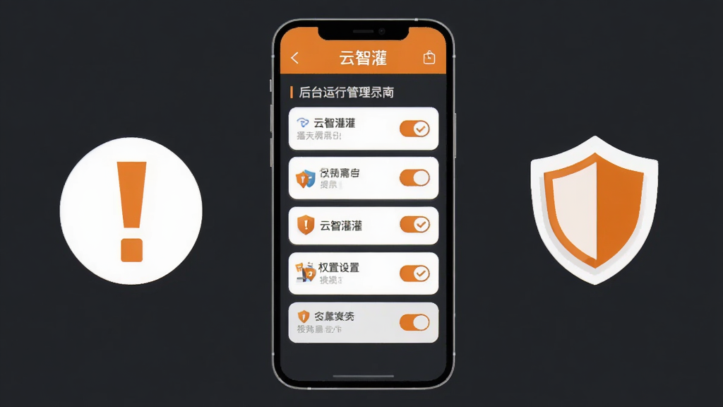 画面主体为一部手机展示云智灌的权限设置页面和后台运行管理界面,屏幕上有多个开关按钮和提示文字,手机旁边放置一个感叹号图标和盾牌图标。布局采用中心构图,手机居中,图标分列两侧。风格为扁平化安全提示风,色调以橙色、白色、深灰色为主,细节包含圆角卡片、勾选标记、警告三角。画面干净整洁,无多余元素,高清画质,文字内容为“云智灌”
