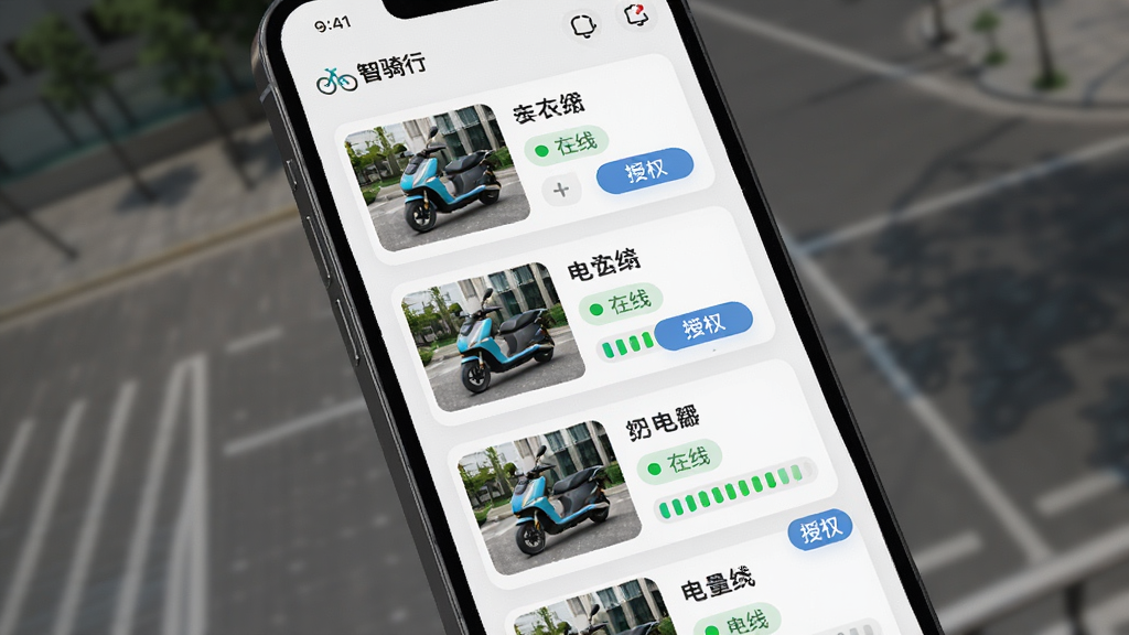 �������ֻ���Ļ��ʾ�����綯���б���������棬����Ϊ�����б���Ƭ���Ű�ÿ�ſ�Ƭ��������ͼƬ��״̬��ǩ�����Ϊ�ִ���ƬʽUI��ƣ�ϸ�ڰ����������С�LOGO������״̬�̵㡢����������Ȩ��ť�����ʸ��壬�ɾ����޶���Ԫ��