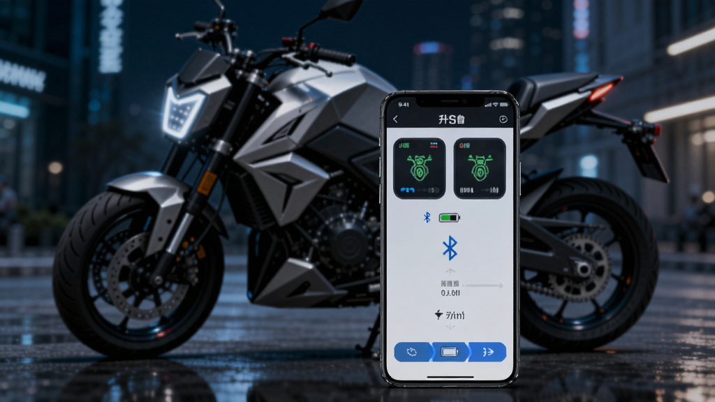 �����������һ�������ֻ����ֻ���Ļ��ʾ��������APP�����棬��������Ħ�г�״̬ͼ�ꡢ�������ӱ�ʶ�͵�����ʾ���ֻ�����һ��ͣ���ڳ���ҹ���е�����Ħ�г�����������Ӳ�ʣ�����΢΢���⣻���岼��Ϊ�ֻ���ǰ��Ħ�г��黯�ں��γɲ�θУ����Ϊ�Ƽ���дʵ�磬ɫ��������������Ϊ����ϸ�ڰ����ֻ���Ļ�ϵ�UI��ť��Ħ�г��Ǳ���΢�⡢���淴��ĵƹ⣻�����������ɾ����޶���Ԫ��