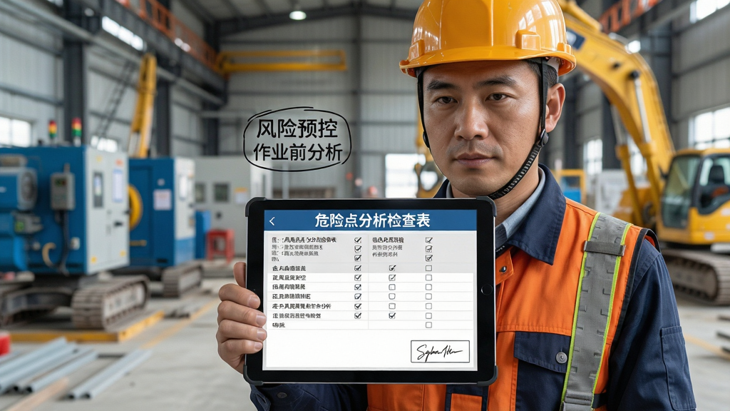 ����Ϊһ�����鳤����ҵ�ֳ�ʹ��ƽ����Խ��а�ȫ���ף���Ļ��ʾΣ�յ�������������ֲ���������С��豸ͻ���Ĺ�ͼ���Ű�Ϊ�Ϸ������·��б������Ϊ�ִ���ҵ��ȫ�����磬ϸ�ڰ�����ȫñ����ҵ�ֳ��豸��ƽ������еĹ�ѡѡ����ǩ���������������ֱ�ע������Ԥ�ء��롰��ҵǰ�����������������ɾ��޶���Ԫ��