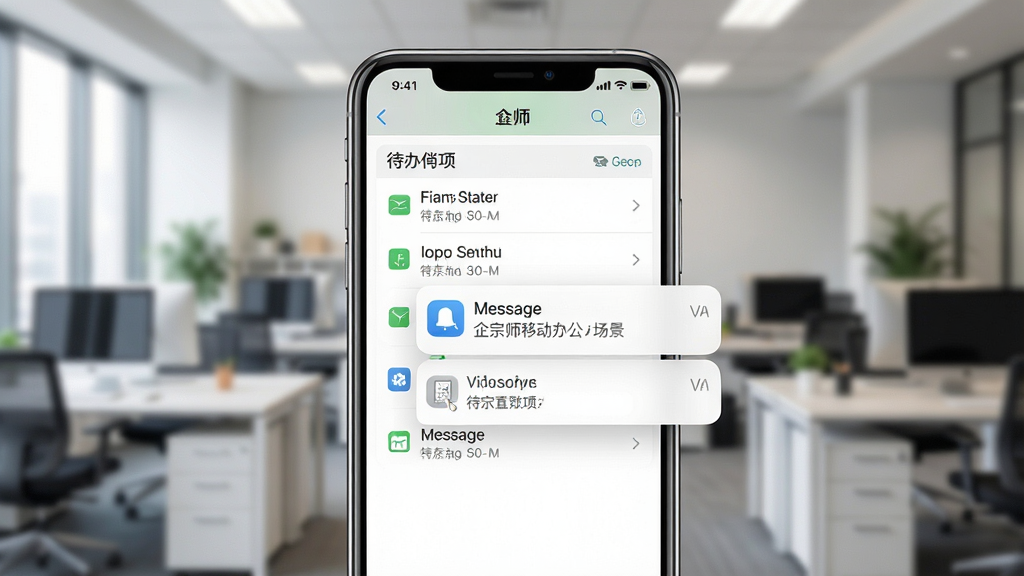 һ������ʦ�ƶ��칫������ʾ��ͼ�������������ֻ���Ļ����Ļ����ʾ���������б�����Ϣ֪ͨ����������Ϊģ���İ칫�һ���������ͻ���ֻ����棬���Ϊдʵ��UI��ϣ�ϸ�ڰ������������ֺ�ͼ�꣬���ʸ��壬�ɾ����޶���Ԫ��