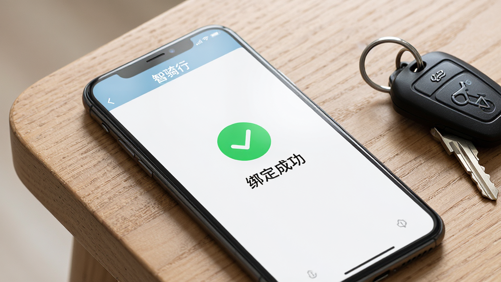 ��������Ϊһ���ֻ���Ļ��ʾ�������С�APP�İ󶨳ɹ����棬����������һ����ɫ�ĶԹ�ͼ��͡��󶨳ɹ�������������Ϊ�ֻ�б����ľ�������ϣ��Ա߷���һ���綯��Կ�ס��Ű��࣬�ص�ͻ���ֻ���Ļ�����Ϊ�����Ʒ��Ӱ��ϸ��Ҫ������Ļ�������Ⱥ�Կ�׵Ľ����ʸС�����Ҫ����壬������ͣ�����ɾ���