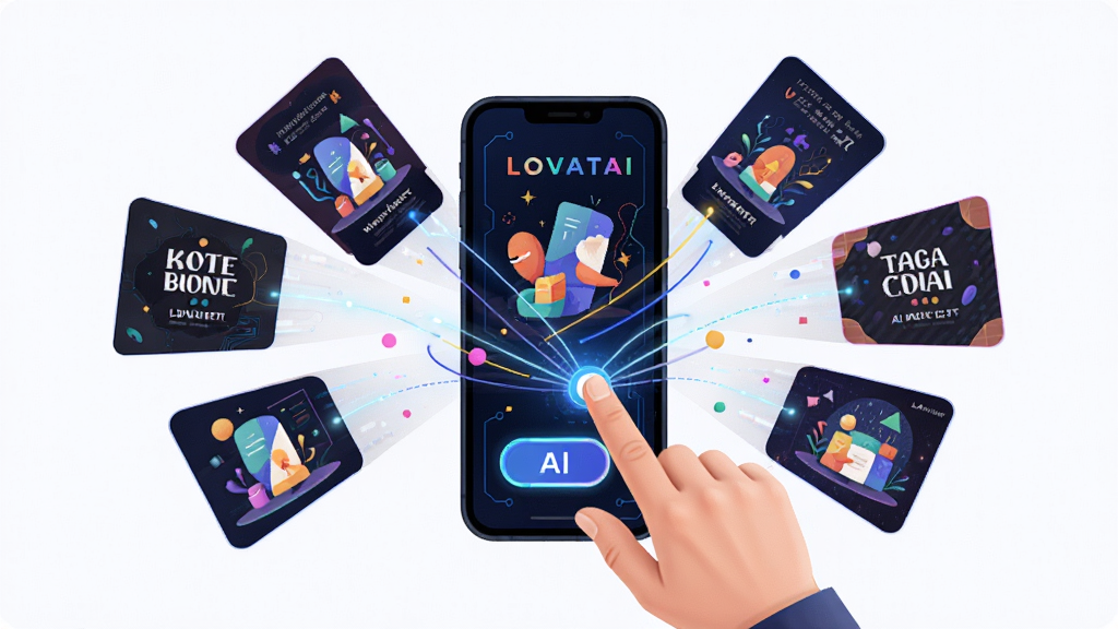 Lovartai�����������AI���ɹ�����ʾͼ��������һֻ�ֵ���ֻ���Ļ�ϵ�AI���ɰ�ť����Ļ�����ų����Ų�ͬ���ĺ�������ͼ������Ϊ���з���״�����Ϊ�Ƽ��б�ƽ�廭��ϸ�ڰ��������������ɫ�����ӣ����ʸ���ɾ����޶���Ԫ��