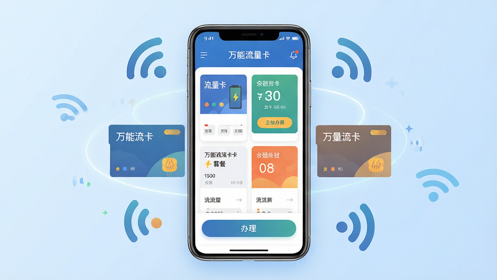 万能流量卡平台软件主界面展示图,画面中央放置一部智能手机,手机屏幕上显示万能流量卡平台的首页,页面中包含流量卡套餐卡片、余额显示区域、办理按钮等元素,手机周围环绕若干流量卡和信号图标,背景为浅蓝色渐变,整体布局居中对称,风格简洁现代的扁平化设计,细节清晰,色彩柔和,画质高清,干净无多余元素