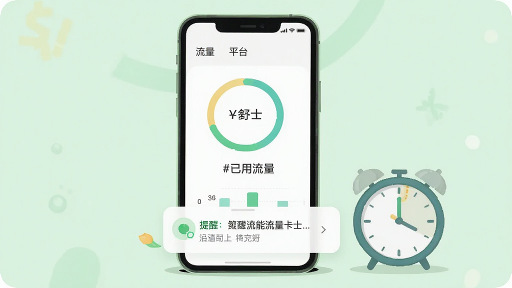 万能流量卡平台流量余量监控页面,画面中手机屏幕显示环形进度图和柱状图,展示已用流量和剩余流量的比例,图表下方有提醒通知弹窗,手机旁边放置一个时钟图标代表有效期,背景为浅绿色调,风格清新浅色扁平化设计,细节清晰,画质高清,干净无多余元素