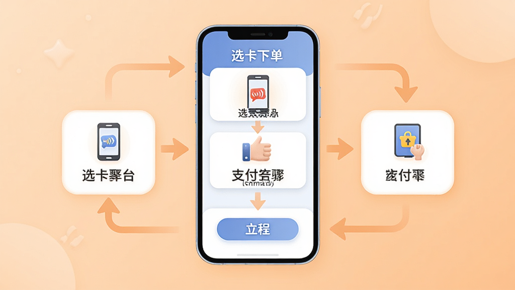 万能流量卡平台在线办理流程示意图,画面以手机为中心,手机屏幕展示选卡下单支付三个步骤的流程图,每一步有对应的图标和文字说明,手机周围有箭头连接各个步骤,背景为浅橙色渐变,风格柔和圆角扁平化设计,细节清晰,画质高清,干净无多余元素