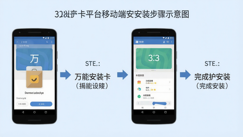 万能流量卡平台移动端安装步骤示意图,画面展示一部安卓手机从下载安装包到完成安装的四个步骤,每个步骤有对应的手机界面截图和箭头引导,步骤旁有简洁的文字标注,背景为浅蓝色,风格清爽素雅扁平化设计,细节清晰,画质高清,干净无多余元素