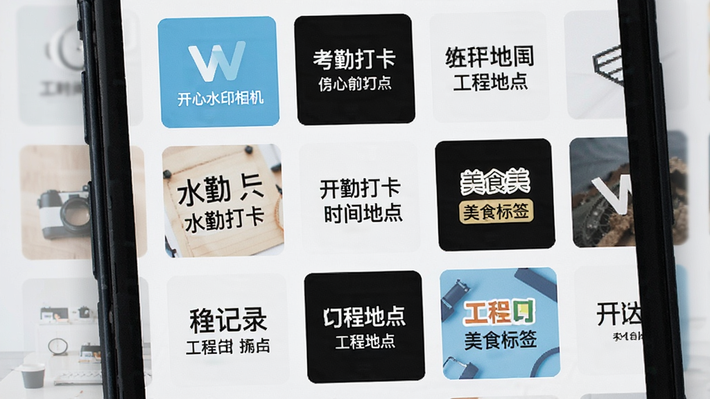 ����ˮӡ���ˮӡģ��ѡ����棬����Ϊ�ֻ���Ļչʾ���ж��е�ˮӡ����ͼ������Ϊ�������У��Ű����룬���Ϊ���±�ƽ����ƣ�ϸ�ڰ������ڴ򿨡�ʱ��ص㡢���̼�¼����ʳ��ǩ��ģ��Ԥ��Сͼ�����ʸ��壬�ɾ����޶���Ԫ�ء�