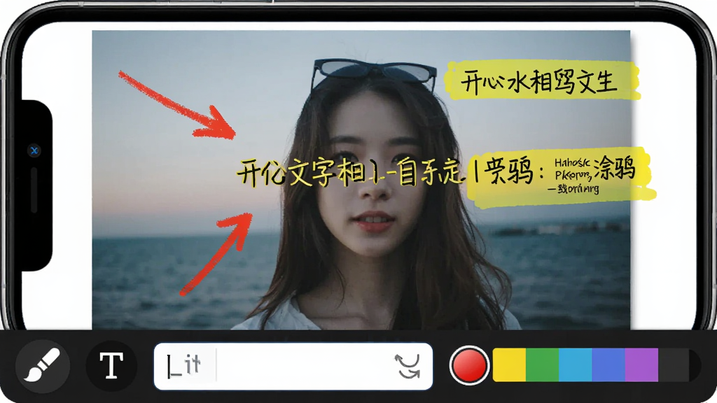����ˮӡ����Զ���������Ϳѻ�༭���棬����Ϊ�ֻ���Ļ��ʾһ����Ƭ����Ƭ���к�ɫ��ͷ��ע�ͻ�ɫ���ֱ�ע������Ϊ�༭�������ڵײ����Ű�ֱ�ۣ����Ϊ������Ӧ�ý��棬ϸ�ڰ�������ͼ�ꡢ�����������ɫѡ���������ʸ��壬�ɾ����޶���Ԫ�ء�