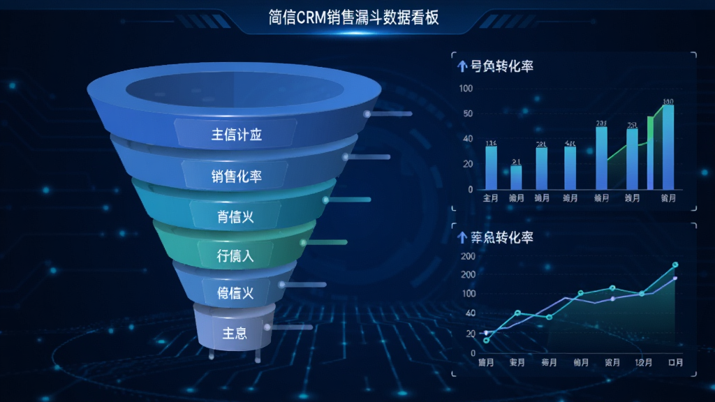 ����CRM����©�����ݿ��壬��������һ�������©��ͼ�Σ�©����Ϊ����㼶��ÿ���ע��ͬ���۽׶Σ��Ա�������״ͼ������ͼչʾת���ʣ�����Ϊ����ɫ�Ƽ������ݴ��������Ϊ�ִ��������ݿ��ӻ��������������޶���Ԫ��