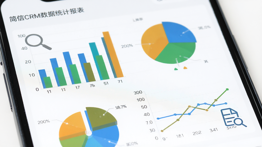 ����CRM����ͳ�Ʊ������棬������չʾ�ֻ���Ļ�ϵ���״ͼ����ͼ������ͼ��ϣ�ͼ����ɫΪ���̳ȴ��䣬����Ϊ��ɫ�����棬�Ա��зŴ󾵺����ݵ���ͼ�꣬���Ϊ�ִ��������ݿ��ӻ��������������ɾ��޶���Ԫ��