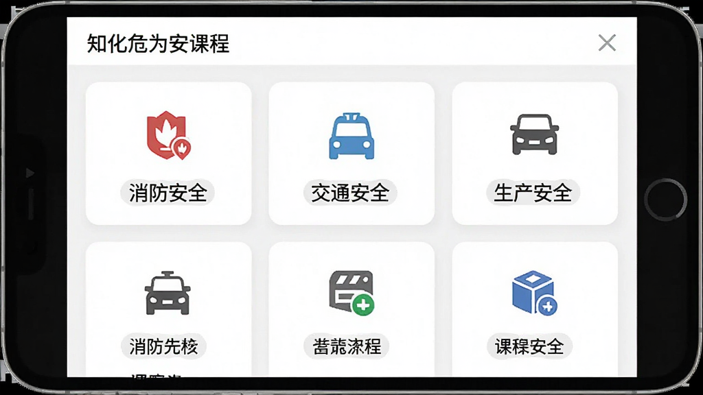 一张知识课程界面截图风格的图片,画面展示化危为安APP的课程列表页面,屏幕上排列着多个课程卡片,分别标注消防安全、交通安全、生产安全等标签,每个卡片配有简洁的图标,整体布局整齐,背景为白色,风格清爽,画质干净,无多余元素