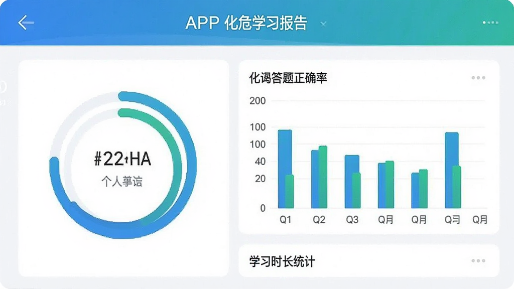 一张数据统计页面风格的图片,画面展示化危为安APP的个人学习报告界面,屏幕上显示环形进度图、柱状答题正确率图表和学习时长统计,配色以蓝色和绿色为主,界面简洁现代,画质清晰,无多余元素