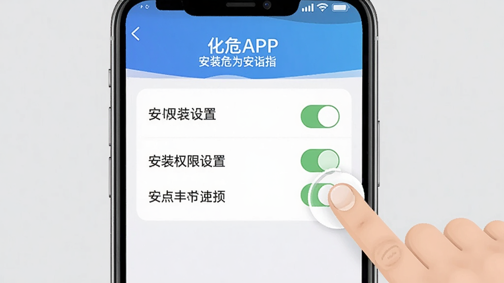 一张手机操作指引风格的图片,画面展示化危为安APP的安装权限设置界面,手机屏幕上显示权限开关选项,旁边有手指点击的示意动作,背景为浅灰色,风格简洁直观,画质清晰,无多余元素