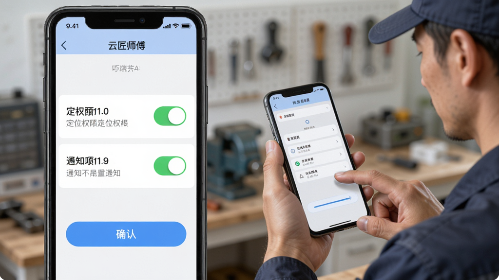 �ƽ�ʦ����Ӧ�����ֻ��ϵİ�װȨ�����ý��棬��Ļ��ʾ��λȨ�޺�֪ͨȨ�޿��أ��Ա���ʦ���ֳ��ֻ�����������Ϊ����չʾ���Ű�ͻ��Ȩ�޿��أ��������ֱ�ۣ�ϸ�ڰ���Ȩ��˵�����ֺ�ȷ�ϰ�ť�����������ɾ��޶���Ԫ��