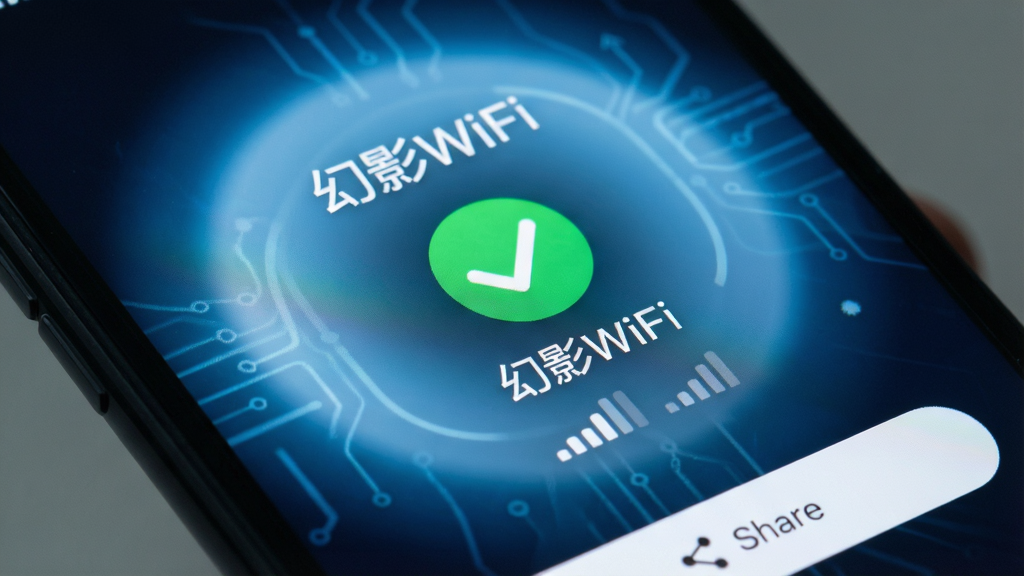 �ֻ���Ļ��д����ʾ����ӰWiFi�����ӳɹ����棬��ɫ�Թ�ͼ������������֣������ǵ���ɫ���Σ����Ϊ��Լ�Ƽ��磬ϸ�����ź�ǿ��ָʾ�ͷ�����ť�������������ɾ����޶���Ԫ��