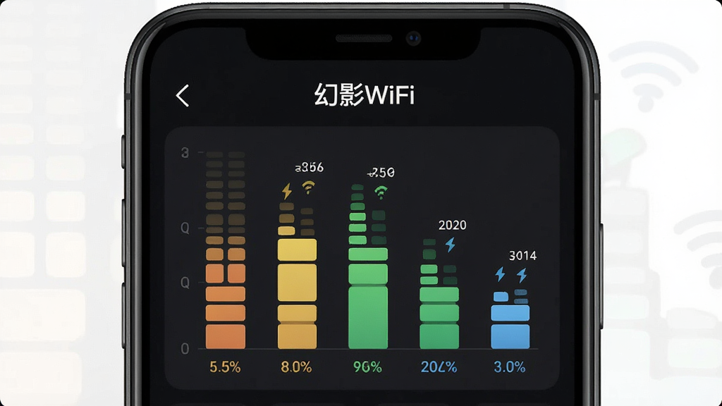 �ֻ�����չʾWiFi�ź�ǿ�ȼ��ͼ������״ͼ��ʾ��ͬ������ź�ǿ���������С���ӰWiFi����ʶ������Ϊ��ɫģʽ�����Ϊ���ݿ��ӻ���ϸ�����źŸ�Ͱٷֱ���ֵ�������������ɾ����޶���Ԫ��