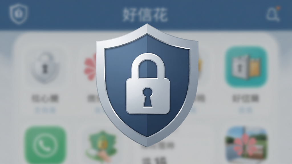盾牌与锁形图标组合,背景为“好信花”应用界面虚化图,象征信息安全保护,画面简洁干净,蓝灰色调,风格专业稳重,画质清晰无多余元素