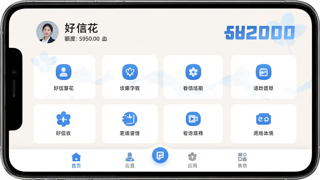 “好信花”应用首页界面展示,顶部显示用户昵称与额度信息,中部为功能图标排列,底部为导航栏,整体采用浅色背景与蓝色点缀,布局规整,画面干净整洁,画质高清