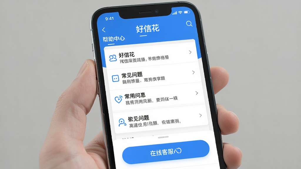 手机屏幕展示“好信花”应用帮助中心页面,页面中包含常见问题列表与在线客服入口按钮,界面简洁清晰,蓝白配色,画面干净无杂乱元素,画质高清