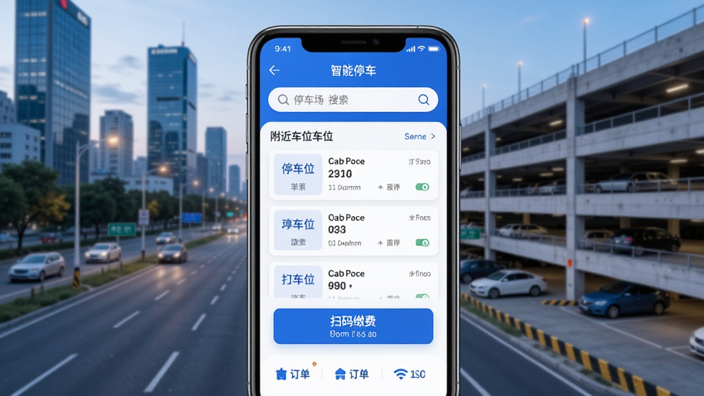 �Ƿ�ͨApp������չʾͼ����������Ϊ�ֻ���Ļ����Ļ�ڳ����ǻ�ͣ����ҳ���֣�����ͣ���������򡢸�����λ�б���ɨ��ɷѰ�ť�붩����ڣ�����Ϊ���е�·��ͣ����������������ִ���ɫ��������Ϊ����ϸ�����������ʸɾ����޶���Ԫ��