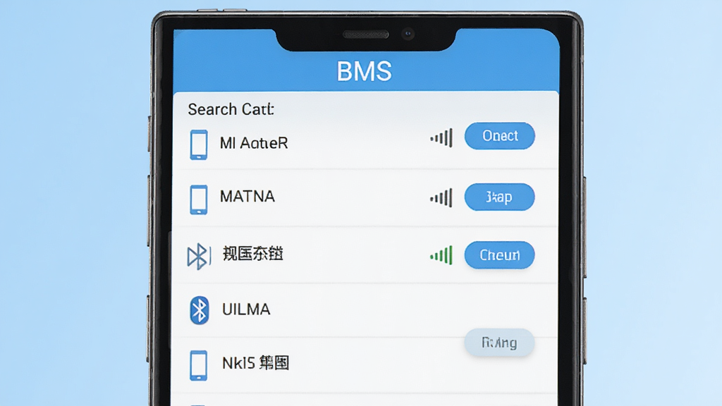 BMS�����豸���ӽ��棬����Ϊ�ֻ���Ļ��ʾ���������б�������״̬������Ϊ�б�ʽ���У�����Ϊǳ��ɫ���䣬���Ϊ������ӹ��ߣ�ϸ�ڰ����豸���ơ��ź�ǿ��ͼ�ꡢ���Ӱ�ť�����ʸ��壬�ɾ��޶���Ԫ�أ����������ֱ�ע��BMS��