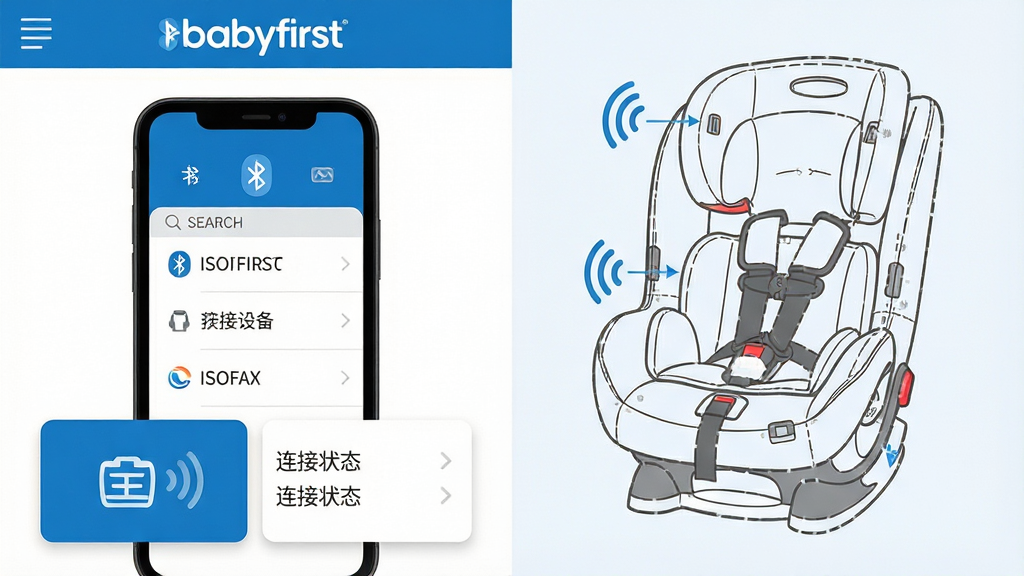 ������һ(babyfirst)Ӧ���豸���ӽ���չʾ���������Ϊ�ֻ���Ļ��ʾ���������б����������豸���ƣ��Ҳ�Ϊ��ͯ��ȫ���ε��߸�ʾ��ͼ�������ϱ�עISOFIX�ӿڡ�֧���ȡ���ȫ�����۵Ȳ���������Ϊ���ҷ�������ʵ���飻�Ű��࣬�Ϸ�Ϊ���������·�Ϊ����״̬��Ƭ�����Ϊ��ƽ���Ƽ��廭�磬��ɫ�����׻�Ϊ����ϸ�ڰ����źŲ���ͼ�ꡢ�豸�������֡����νṹ�������������ʸ��壬�ɾ����޶���Ԫ��