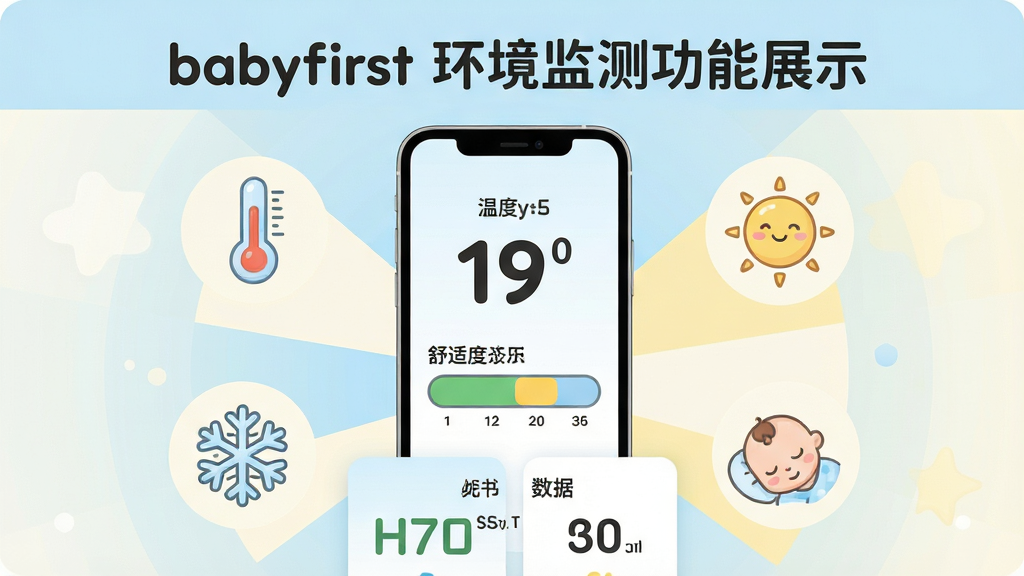 ������һ(babyfirst)������⹦��չʾͼ����������Ϊ�ֻ���Ļ��ʾ�¶���ֵ�����ʶ�ָʾ������Χ�����¶ȼ�ͼ�ꡢѩ����̫��ͼ�ꡢӤ����˯������ţ�����ΪԲ�η���״���ֻ����У��Ű��Ϸ�Ϊ���ܱ��⣬�·�Ϊ�¶����ݿ�Ƭ�����Ϊ������Ͳ廭�磬��ɫ��ǳ�����װס�����Ϊ����ϸ�ڰ����¶�����������ͼ��Բ�󡢱�������΢���䣻���ʸ��壬�ɾ����޶���Ԫ��