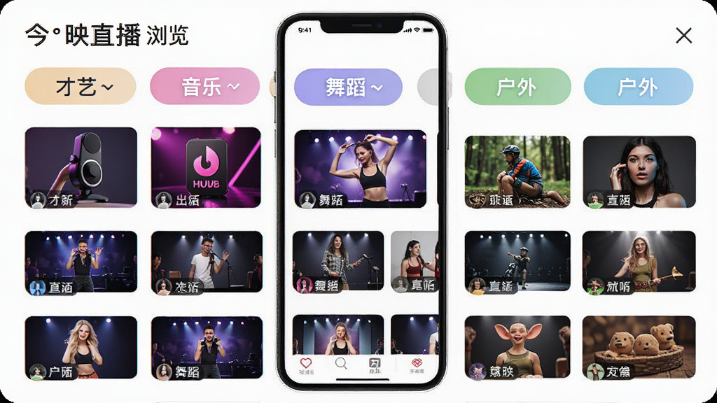 ��ӳֱ���������ҳ�棬�ֻ���Ļչʾ���ֱ�������ǩ����ա����֡��赸������ȣ�ÿ�������·��ж�Ӧ��ֱ��������ͼ�������Ű����룬��ɫ��ˬ��ͼ����ͳһ������UI���չʾ