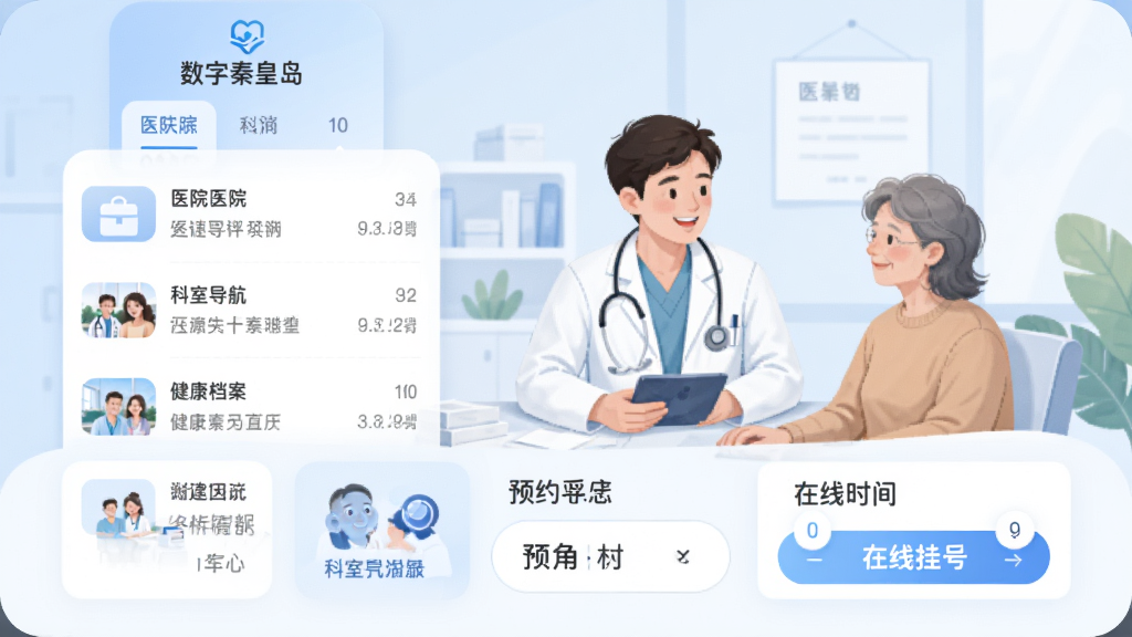 �������ػʵ���APP��ҽ�ƽ���ҳ�棬չʾҽԺ�б������ҵ��������߹ҺŰ�ť������Ϊҽ���뻼���Ѻý����Ĳ廭�����ɫ�����ǳ���Ͱ�ɫΪ����ϸ�ڰ�������������Ƭ��ԤԼʱ��ѡ���������ʸ��壬�ɾ��޶���Ԫ�ء�